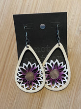 Load image into Gallery viewer, Wooden Cutout Earrings: Teardrop Burnt/Hand Painted White & Purple Sunflower Design