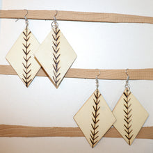 Load image into Gallery viewer, Wooden Earrings: Diamond Burnt Design with Green Accents- Medium