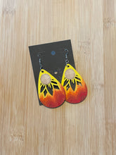 Load image into Gallery viewer, Wooden Cutout Earrings: Teardrop Burnt/Hand Painted Fire Sunflower Design