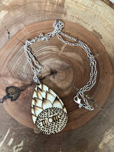 Load image into Gallery viewer, Wooden Pendant Necklace: Teardrop Burnt Mom Sunflower - Silver Tone Chain