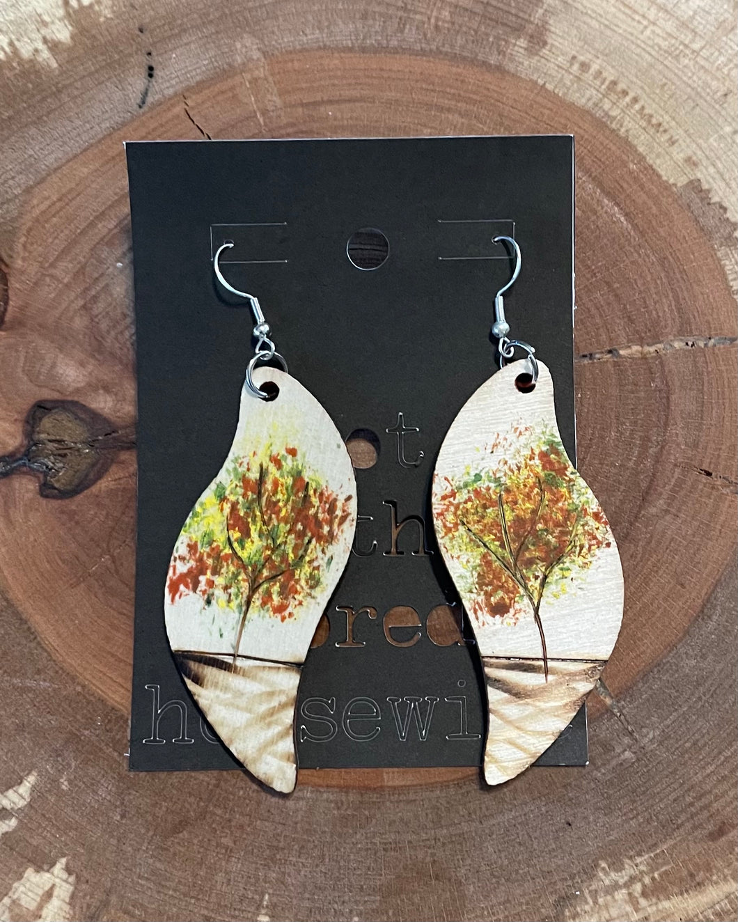 Fall Tree Wooden Burnt Hand Painted Earrings