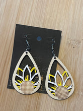Load image into Gallery viewer, Wooden Cutout Earrings: Teardrop Burnt/Hand Painted Yellow & White Sunflower Design