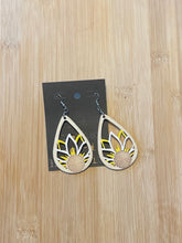 Load image into Gallery viewer, Wooden Cutout Earrings: Teardrop Burnt/Hand Painted Yellow & White Sunflower Design