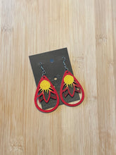 Load image into Gallery viewer, Wooden Cutout Earrings: Teardrop Burnt/Hand Painted Red Sunflower Design