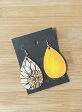 Load image into Gallery viewer, Wooden Earrings: Teardrop Sunflower Design
