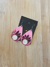 Load image into Gallery viewer, Wooden Earrings: Teardrop Burnt/Painted Pink Sunflower Design
