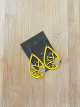 Load image into Gallery viewer, Wooden Cutout Earrings: Teardrop Burnt/Hand Painted Yellow &amp; Orange Sunflower Design
