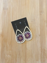 Load image into Gallery viewer, Wooden Cutout Earrings: Teardrop Burnt/Hand Painted White &amp; Purple Sunflower Design
