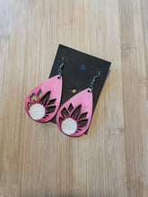 Load image into Gallery viewer, Wooden Earrings: Teardrop Burnt/Painted Pink Sunflower Design
