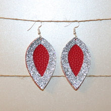 Load image into Gallery viewer, Faux Leather Earrings: Silver, Red, Glitter Double Layer Petal

