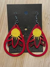 Load image into Gallery viewer, Wooden Cutout Earrings: Teardrop Burnt/Hand Painted Red Sunflower Design
