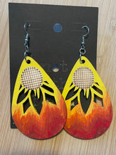Load image into Gallery viewer, Wooden Cutout Earrings: Teardrop Burnt/Hand Painted Fire Sunflower Design
