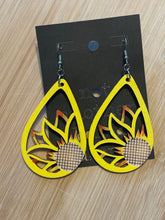 Load image into Gallery viewer, Wooden Cutout Earrings: Teardrop Burnt/Hand Painted Yellow &amp; Orange Sunflower Design
