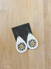 Load image into Gallery viewer, Wooden Cutout Earrings: Teardrop Burnt/Hand Painted White Sunflower Design
