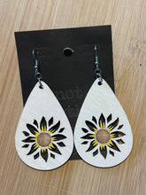 Load image into Gallery viewer, Wooden Cutout Earrings: Teardrop Burnt/Hand Painted White Sunflower Design
